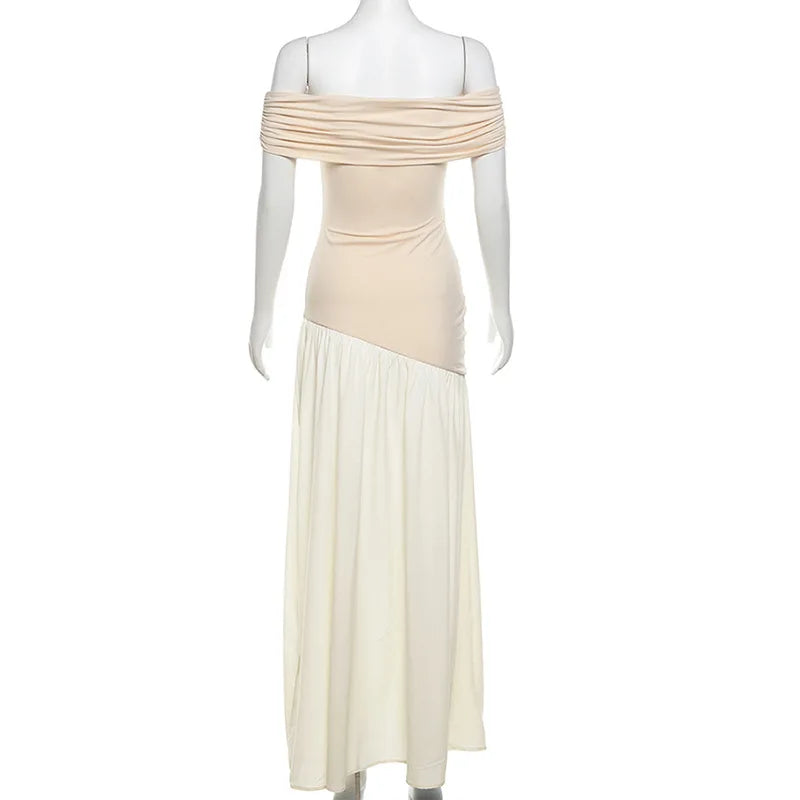 Contrast Color Off Shoulder Long Dress Elegant Party Evening Robe 2024 Summer New Fashion Backless High Waist Vestidos