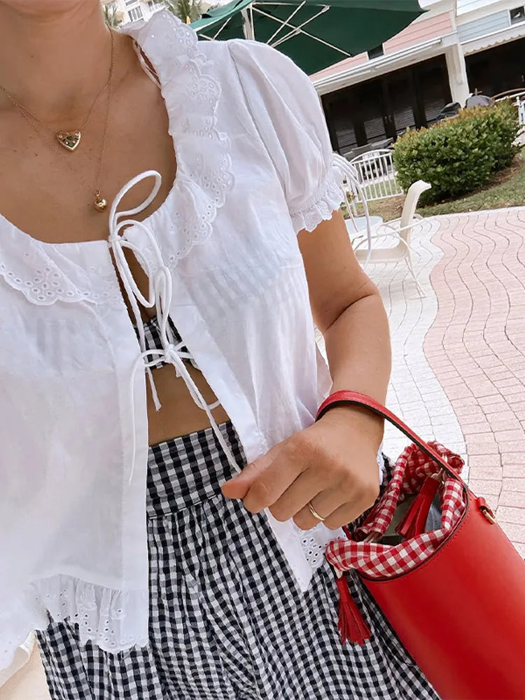 Chic Doll Collar Embroidery Lace Up Shirts for Women Elegant Short Puff Sleeve Female Blouse New Lady Solid Tops Streetwear