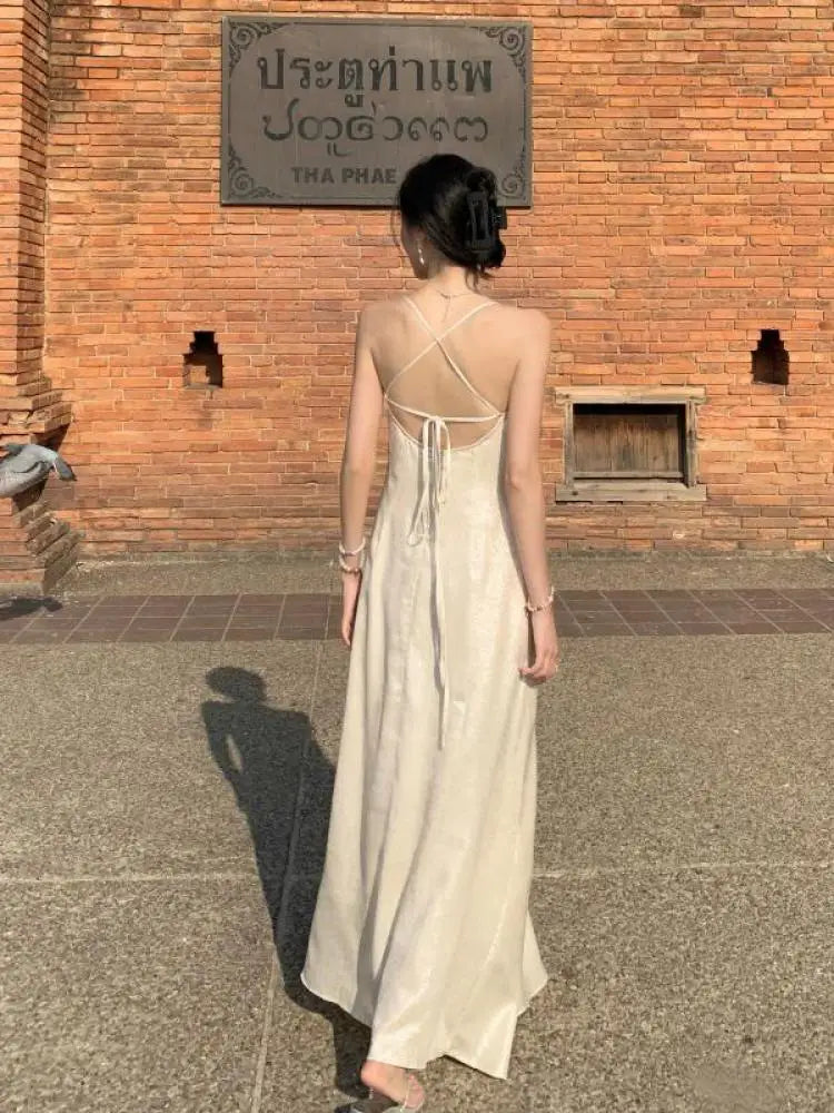 Women White Off Shoulder Sleeveless Spaghetti Strap Pleated Long Dresses Summer Elegant Temperment Backless Party Evening Dress
