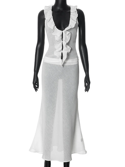 Sets For Women 2 Pieces Ruffes Tank Top Low Rise A-Line Long Skirt See Through French Outfit Summer Clothes For Female