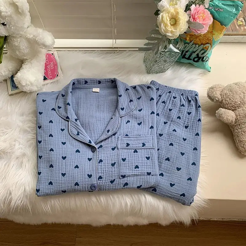 Cotton Comfort Sleepwear Casual Women Pajamas Spring Summer Cherry Print Cute Lapel Button Shirts And Pant Two Piece Sets