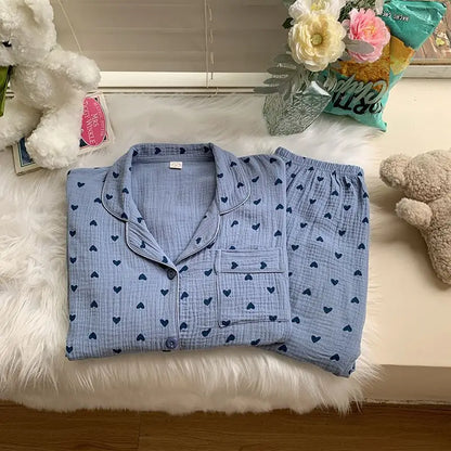 Cotton Comfort Sleepwear Casual Women Pajamas Spring Summer Cherry Print Cute Lapel Button Shirts And Pant Two Piece Sets