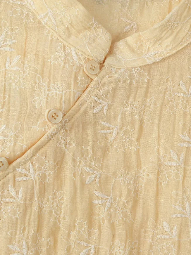 Short Sleeve New Chinese Style Embroidered Top Women Yellow Mandarin Collar Slim Fit Tops Spring Elegant Casual Blouse