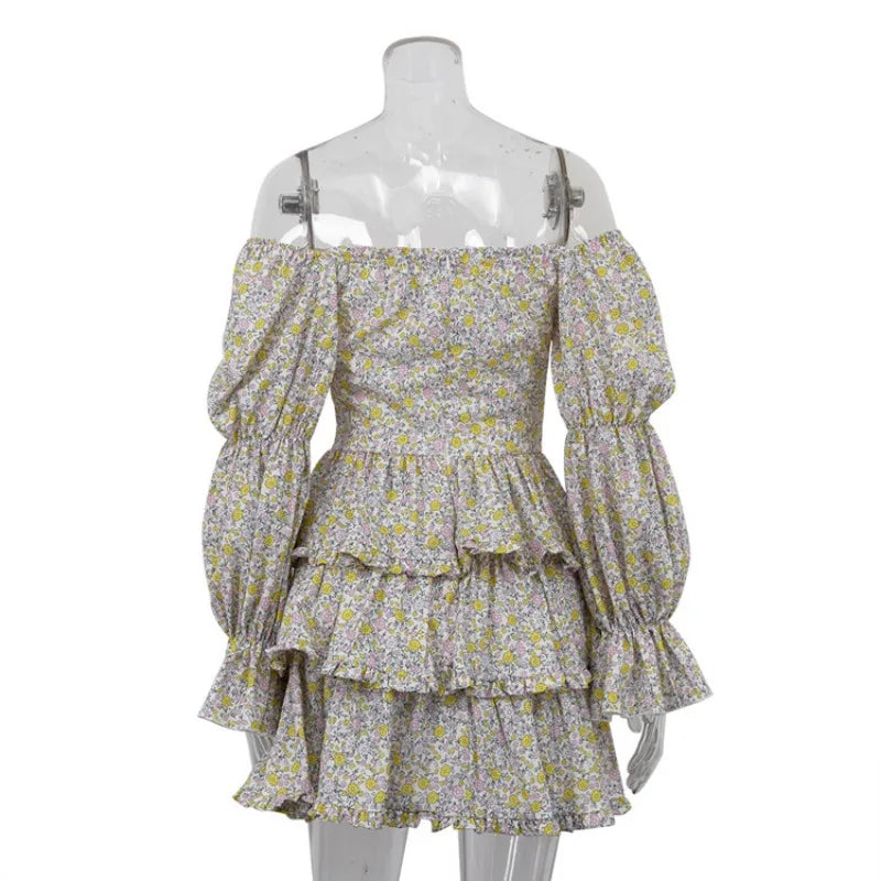 Slash Neck Long Sleeve Floral Print Ball Gown High Street Women Off Shoulder High Waist Ruffles A-line Short Party Dresses