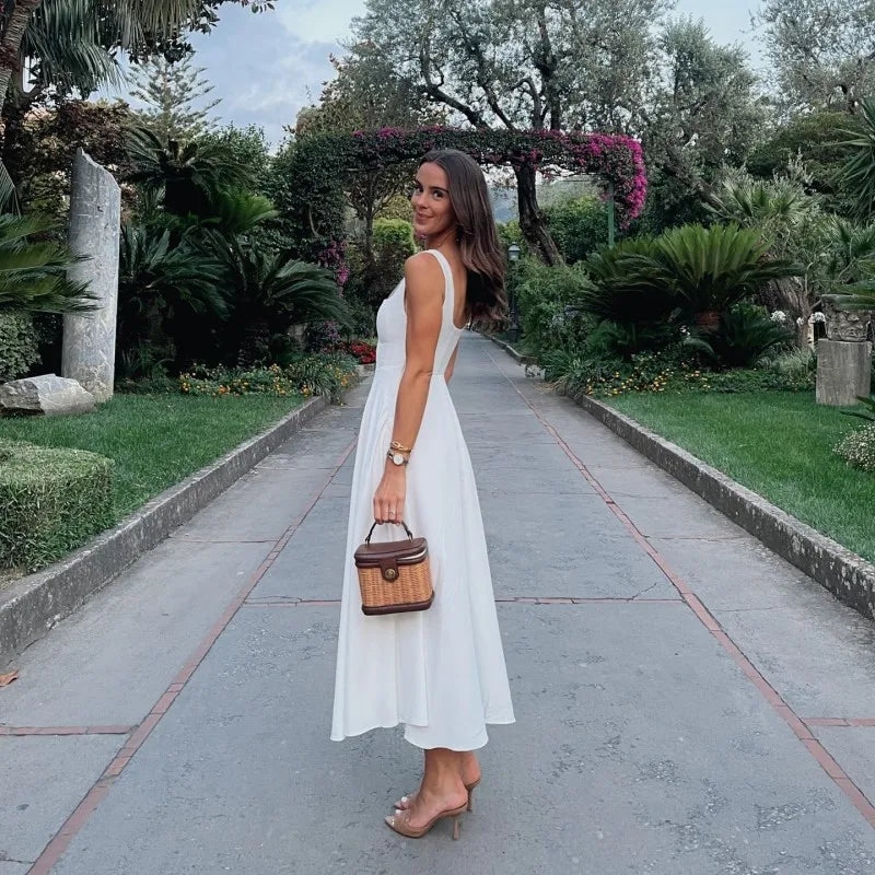 Square Neck Sleeveless A Line Fit and Flare Midi Dress