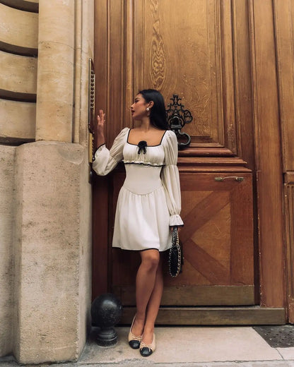 White Elegant A-line Mini Dress Women 2025 New Spring Square Collar Long Sleeve Vestidos High Waist Casual Fashion Short Dresses
