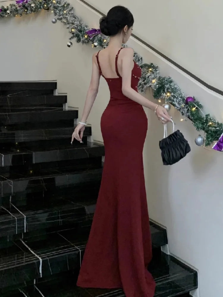 Dresses Women Sleeveless Sexy Split Slim Slash Neck Backless Rhinestone Elegant Temperament Party Dress Female Fashion