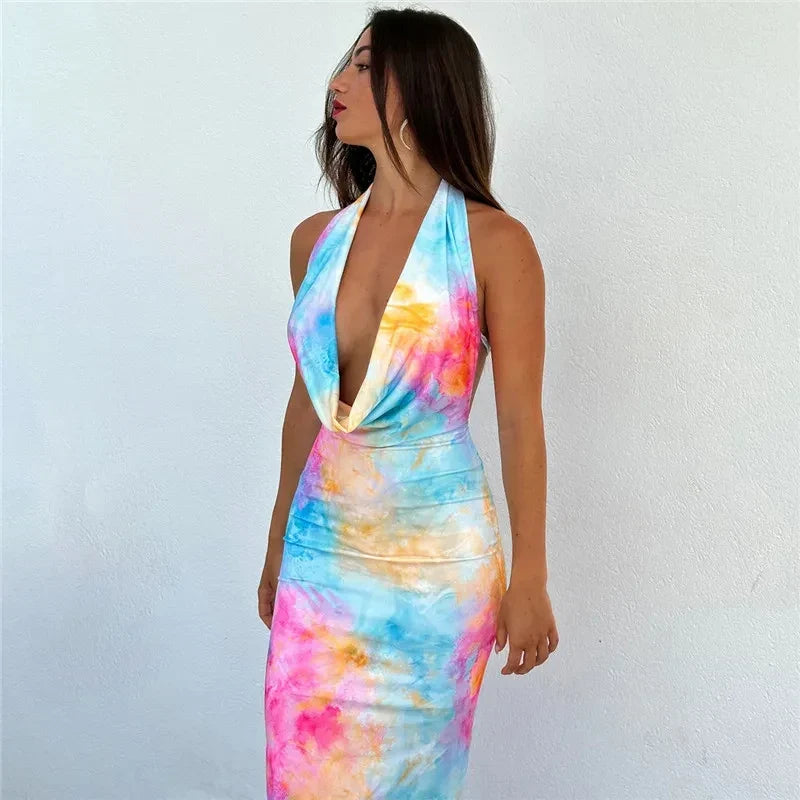 Deep V Neck Floral Print Maxi Dress Women Fashion Tie Dye Halter Sleeveless Backless Bodycon Sexy Long Dress Elegant