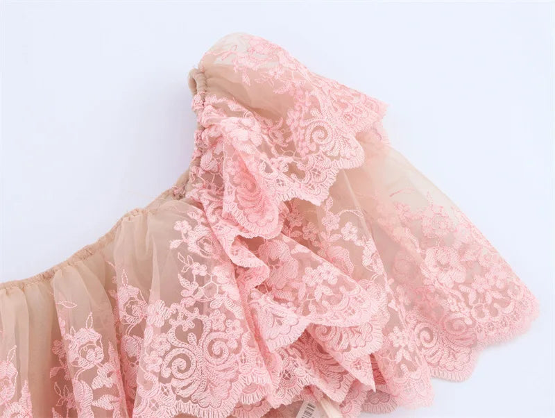 Spring New Top with European and American Sexy Printed Women's Lace Loose Ruffle Edge Stacking Design, niche