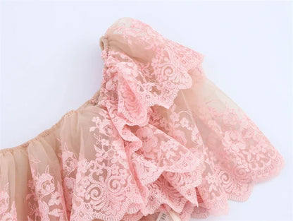Spring New Top with European and American Sexy Printed Women's Lace Loose Ruffle Edge Stacking Design, niche