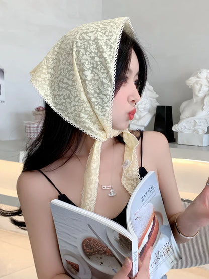 French Girl Latest White Black Sheer Lace Triangle Scarf Floral Face Veil Wedding Party Shawls Headband Headscarf Accessories