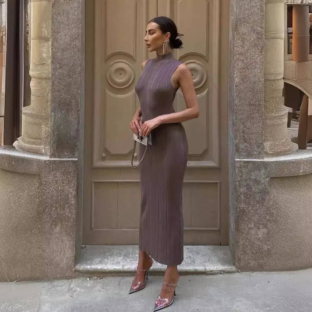 Spring Sleeveless Knitwear Turtleneck Long Dress Female Slim Elegant Fashion Autumn Ribbed Knit Dress For Women Maxi Dress