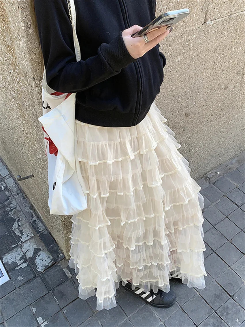 Gentle Ruffles Maxi Skirts Women Daily Loose 2025 Chic Slim Spring High Waist Sweet New Casual Office Lady