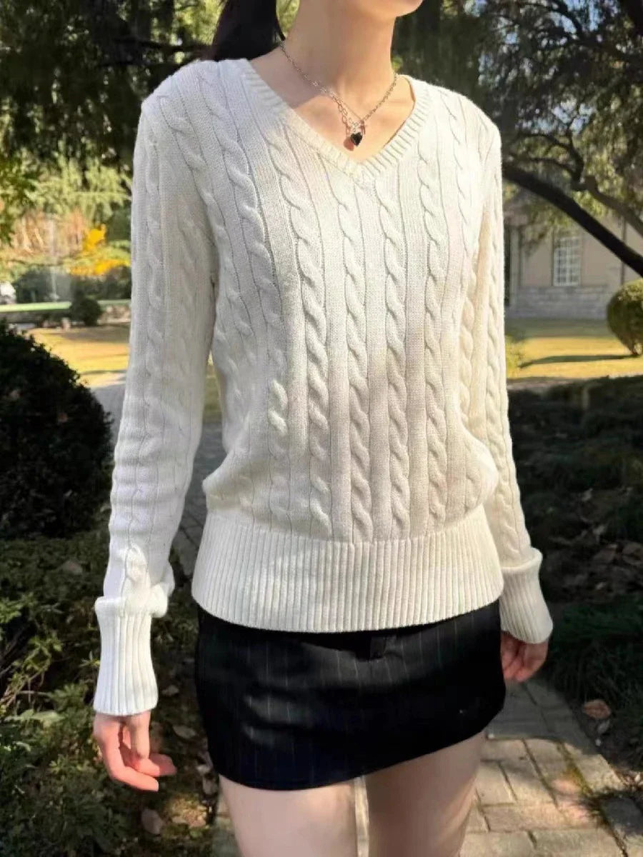 Vintage Twisted Floral V-neck Knit Sweater Women Cotton Warm Slim Preppy Style Solid Pullovers Tops Sweet Chic Cute Jumpers Y2K
