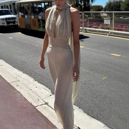 Spring and Summer New Halter Polka Dot Neck Temperament Long Dress Banquet Fashion Dress