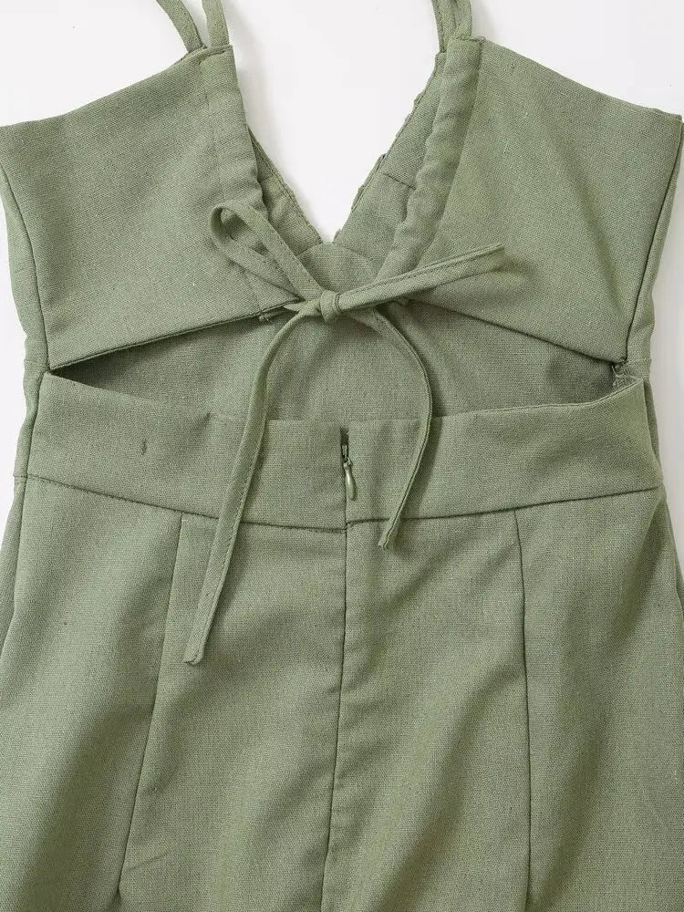V-neck Green Slip Sexy Backless Dress For Summer Slim Slit Vacation Beach Long Dress Cotton Linen Blend Woman Clothing