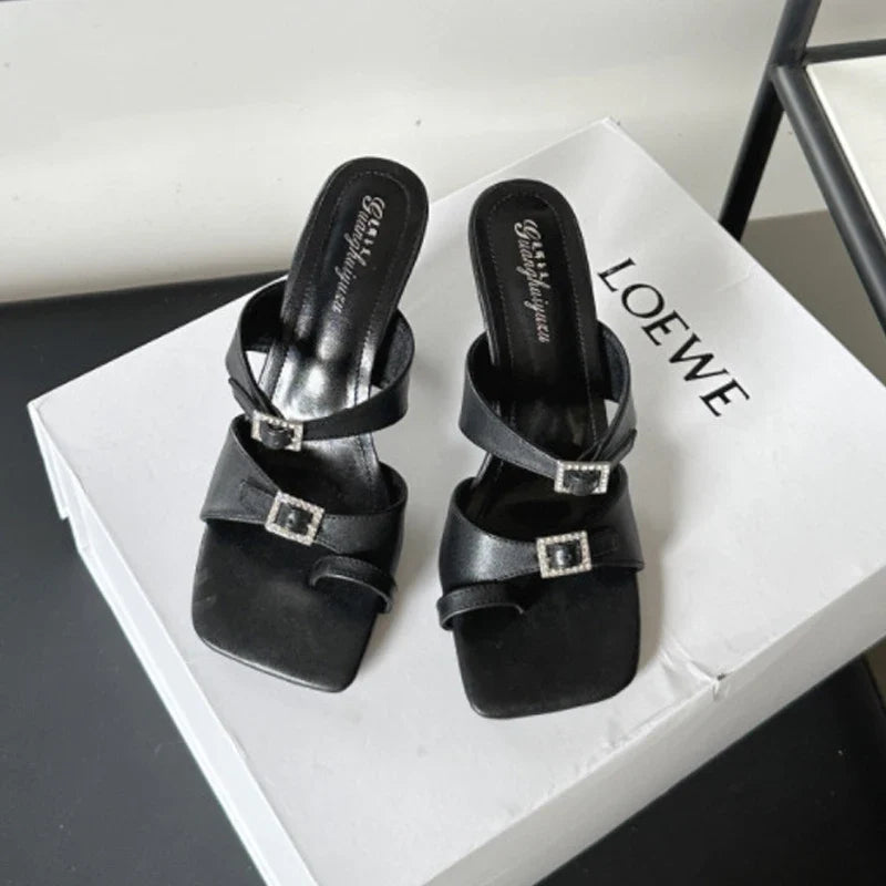 Fashion High Heels Modern Slippers Women Thin Heels Flip Flops Clip Toe Mules Slides Square Open Toe Party Dress Summer Shoes