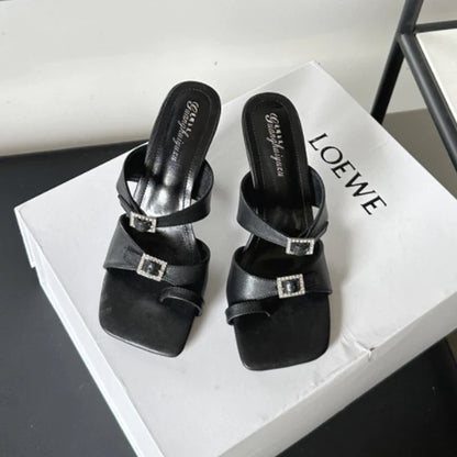 Fashion High Heels Modern Slippers Women Thin Heels Flip Flops Clip Toe Mules Slides Square Open Toe Party Dress Summer Shoes