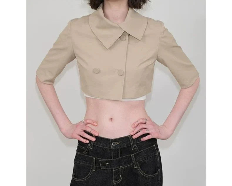 Small Niche Design with Exposed Belly Button, Short Style, Spicy Girl,Double Breasted, Five Point Mid Sleeved Windbreaker Jacket