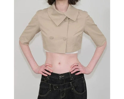 Small Niche Design with Exposed Belly Button, Short Style, Spicy Girl,Double Breasted, Five Point Mid Sleeved Windbreaker Jacket