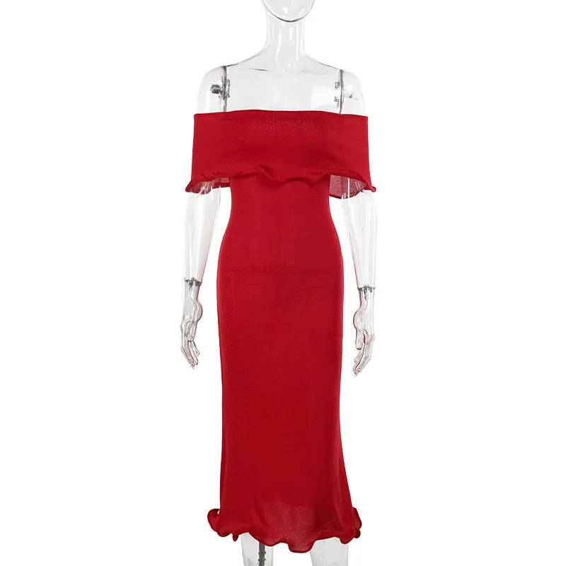 Off Shoulder Ruffle Bardot Mermaid Hem Bodycon Midi Dress