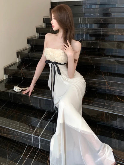 Romantic Sexy Strapless Bodycon Dress with Knot Silk Ribbon High Waist Slimming Long Evening Gown for Women