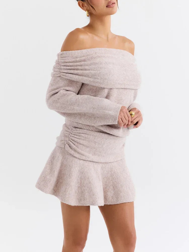 Elegant Solid Color Cashmere Women's Mini Skirt Suits One Neck Off Shoulder Long Sleeved Sweater Sets Lady High Street Outfits