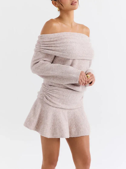 Elegant Solid Color Cashmere Women's Mini Skirt Suits One Neck Off Shoulder Long Sleeved Sweater Sets Lady High Street Outfits