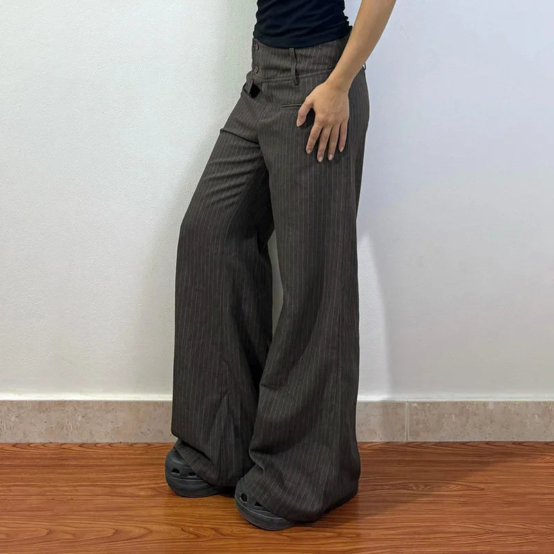 Fall Winter 2025 New Women's Casual Pants Retro Striped Wide-Leg Straight-Cut Pants Elegant Style Low-Waist Drapey Trousers