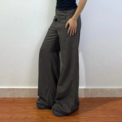 Fall Winter 2025 New Women's Casual Pants Retro Striped Wide-Leg Straight-Cut Pants Elegant Style Low-Waist Drapey Trousers