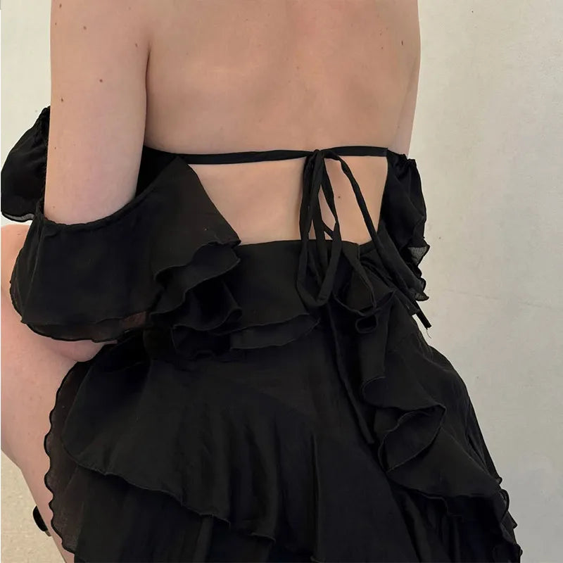 Chic Ruffle Backless Dress Women Slash Neck Sleeveless Lace Up Irregular Hem Floor-length Dresses Female 2025 Spring Lady Robe