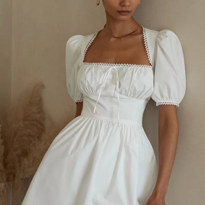 Square Neck Scalloped Lace Trim Puff Sleeve Drawstring Bust Empire Waist Mini Dress