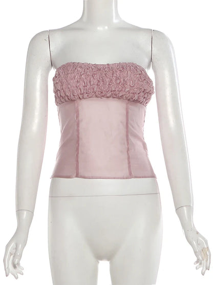 Puss Sweet Ruched 2 Piece Set Women Hottie See Through Sleeveless Patchwork Vest+Peach Hip Skirt Vacation Party Clubwear