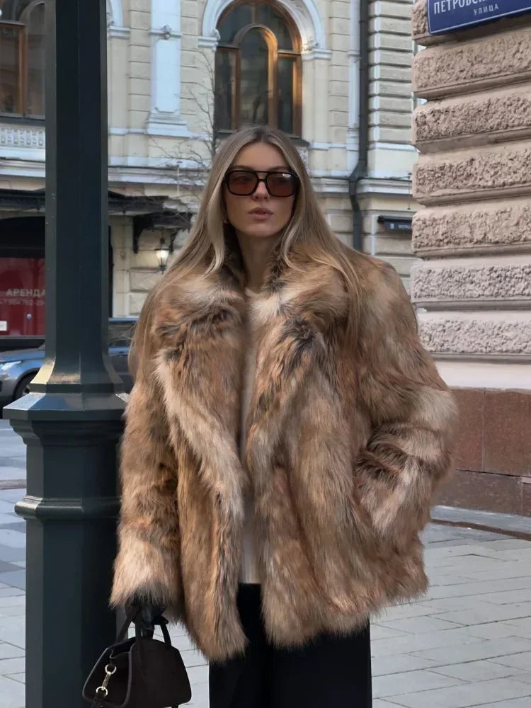 Winter Warm Fluffy Faux Fur Short Coat Women Elegant Lapel Loose Casual Overcoat