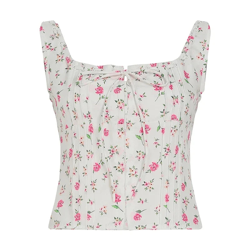 Floral Print Camisole Accordion Pleated Hook-front Tie Tank Top Summer Holiday Crop Top Y2K Aesthetic Square Neck Vest