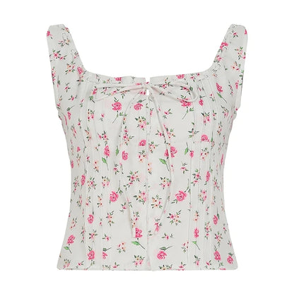 Floral Print Camisole Accordion Pleated Hook-front Tie Tank Top Summer Holiday Crop Top Y2K Aesthetic Square Neck Vest