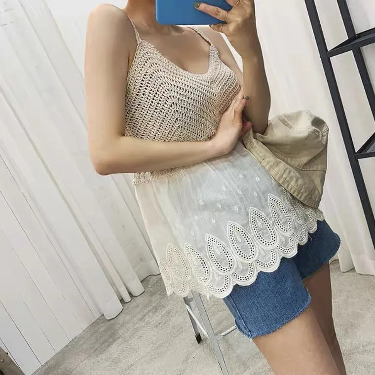 Summer Korean Authentic Sexy Hanging Strap Hollow Hook Flower Spliced Cotton Cloth Hanging Strap Temperament Tank Top for Women
