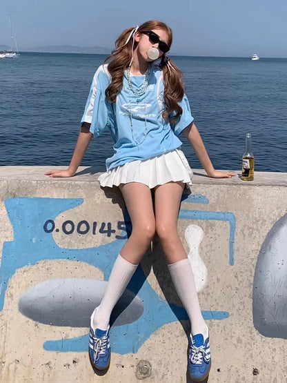Y2k Blue Contrast Oversized T Shirt Sport Short Sleeve V-neck Tops American Retro Patchwork Design Women Clothes Summer