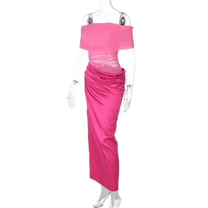 Off-Shoulder Mesh Ruched Bodice Satin Wrap Slit Maxi Dress