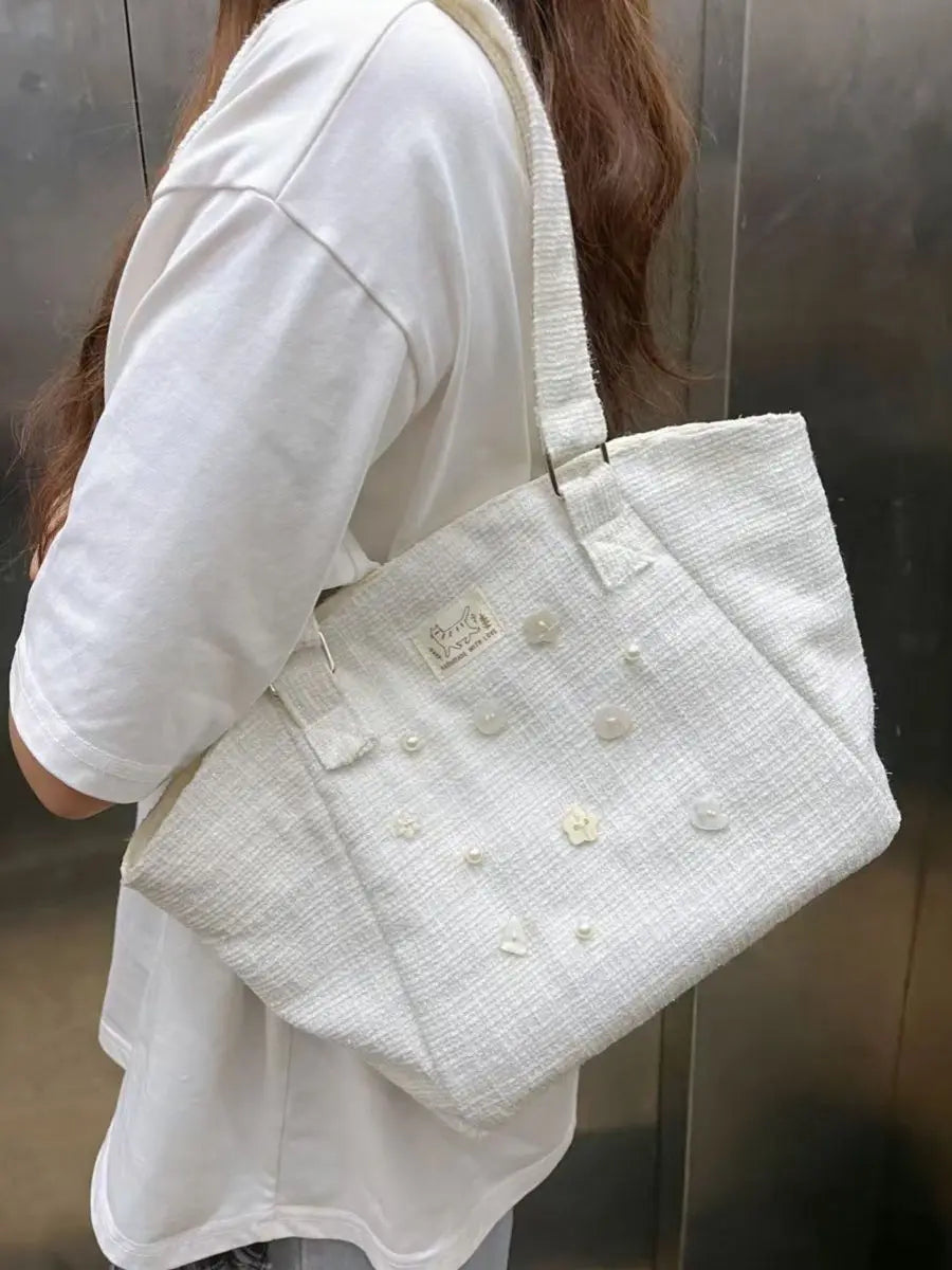 Sweet Button Pearl Shell Bag Women Exquisite White Large Capacity Tote Bag Ladies Elegant Harajuku Commute Shoulder Bags