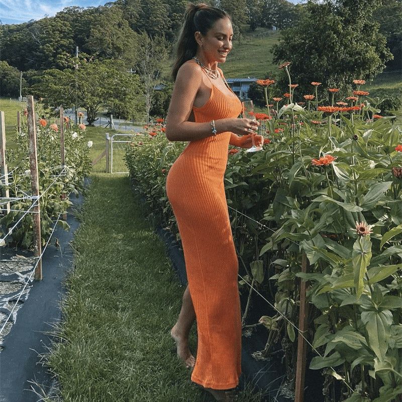 Scoop Neck Rib Knit Spaghetti Strap Thigh Slit Bodycon Maxi Dress