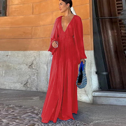 Elegant Pleated Long Dress Women Loose V Neck Long Sleeves High Waist Vestidos Female 2025 Summer Holiday Solid Evening Dresses