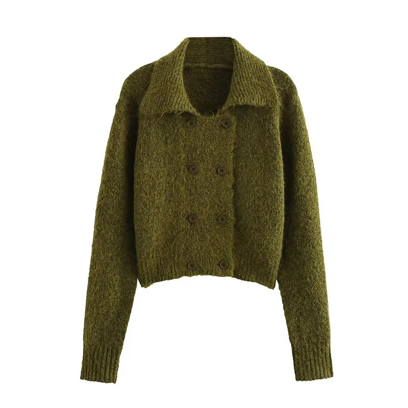Knitted Solid Color Women's Cardigan Turndown Collar Double Breasted Casual Loose Sweater Fashion Retro Simple Short Sweaters