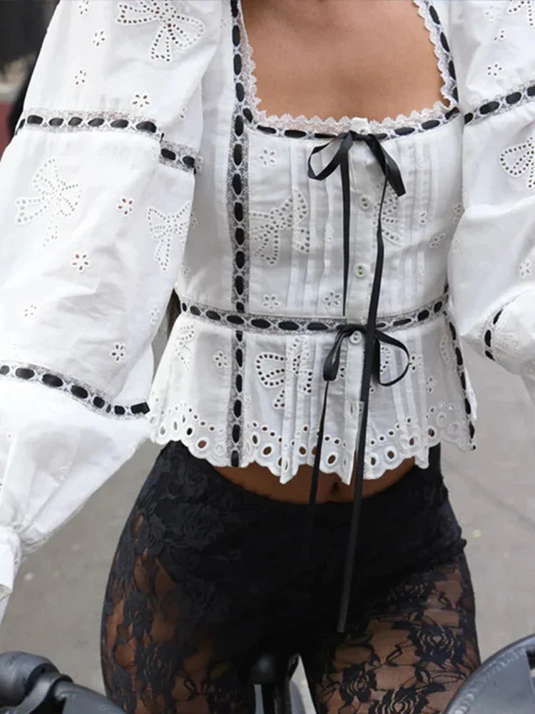 Elegant Lace Up Women Shirt Top Puff Long Sleeve Lady Blouses 2024 Spring Summer Fashion Sweet Square Collar Female Streetwear
