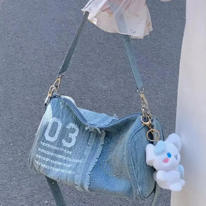 Retro Denim Shoulder Bag New Versatile Boston Crossbody Bag Causal Fashion Korean Women Bags
