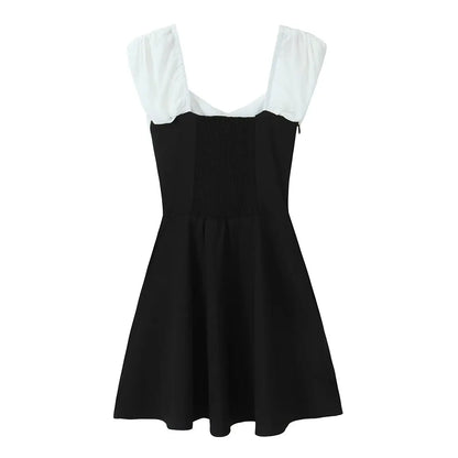 Off Shoulder Sweetheart Twist Front Colorblock Empire Waist Mini Dress