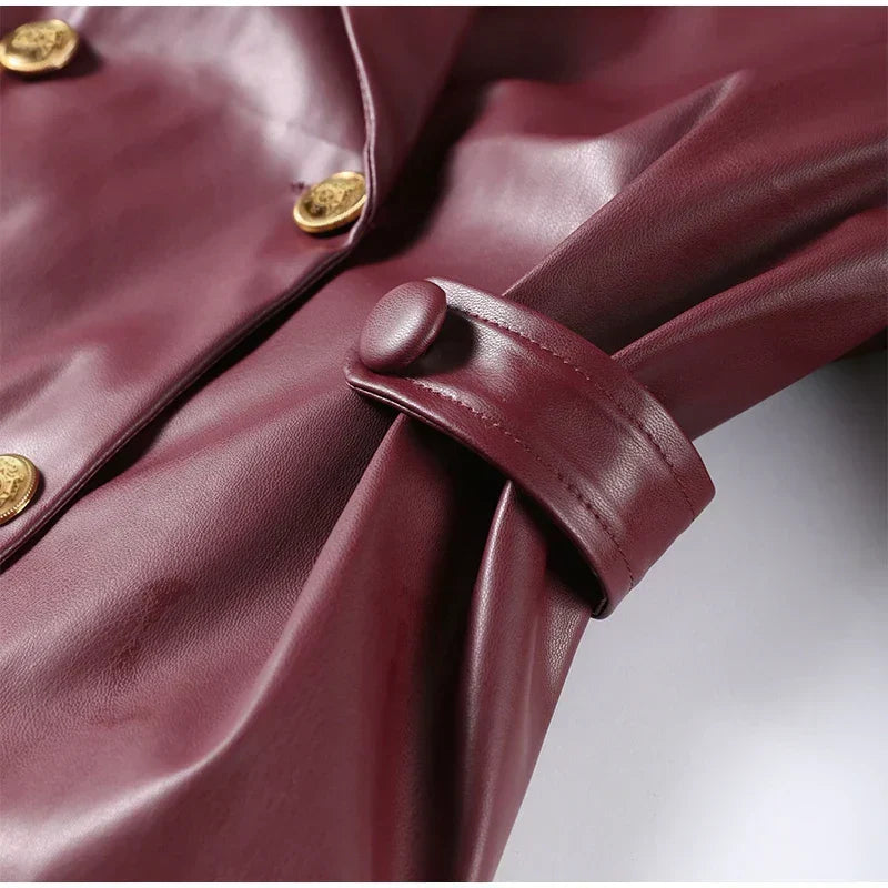 Double Breasted Faux Leather Blazer Pleated Mini Skirt Set