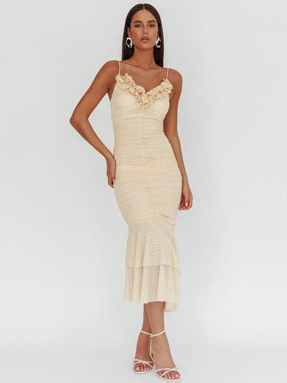 Spaghetti Strap 3D Floral Ruffle Neck Ruched Mesh Mermaid Midi Dress