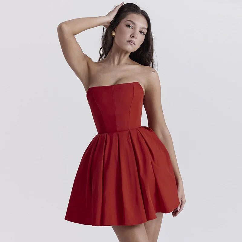 Strapless Corset Panel Pleated Fit and Flare Mini Dress