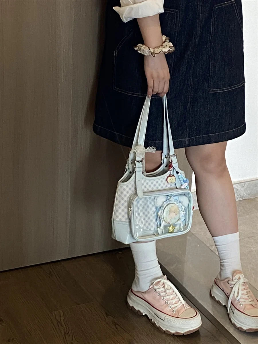 Original Lolita Sky Blue Plaid Small Capacity Transparent Pain Bag 10cm Baby Bag Daily Commuting Class Portable Shoulder Bag